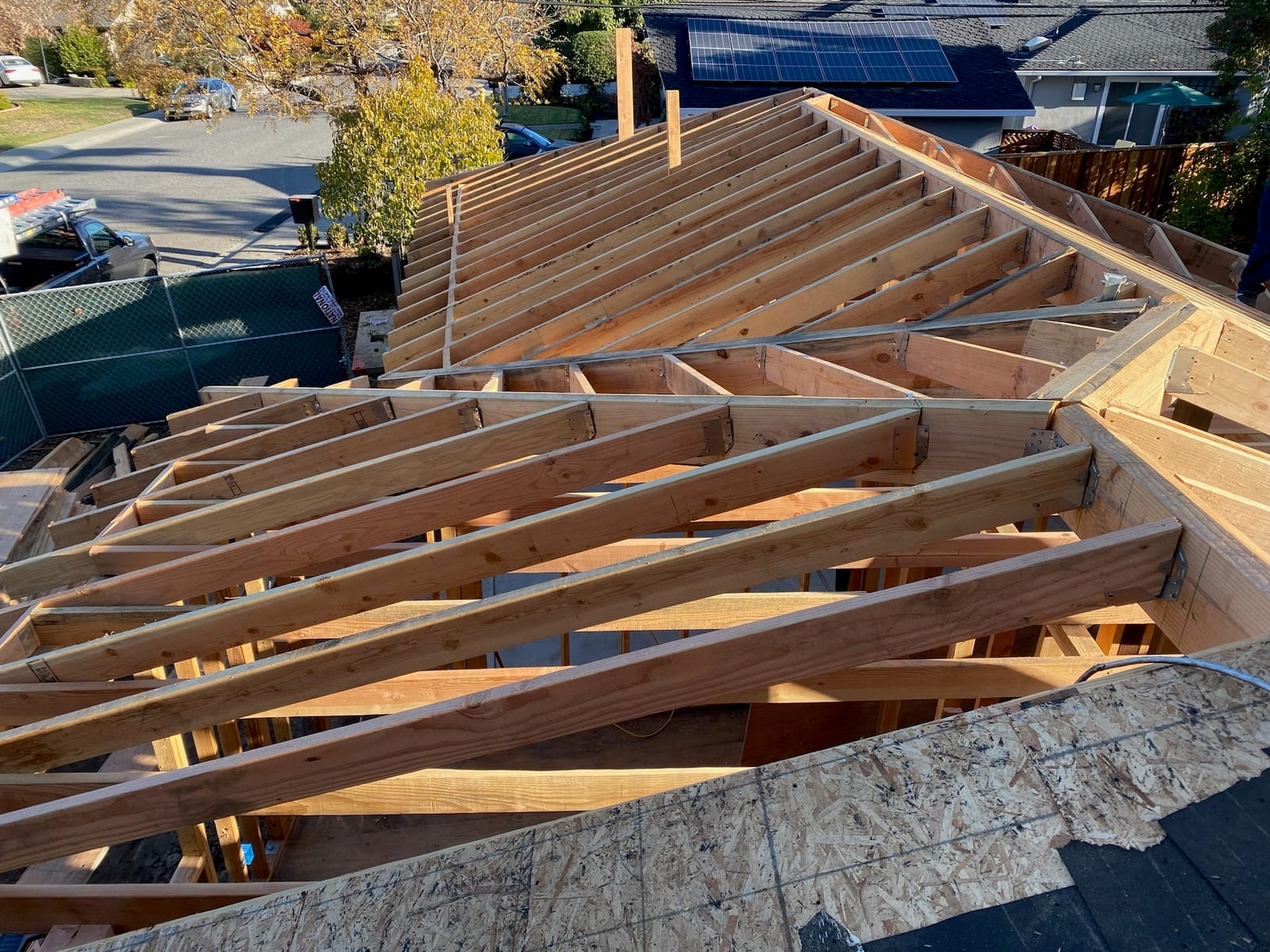 Roof framing and sheathing in progress on a Grace project