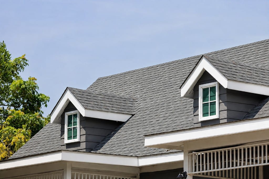 Gray shingle roof with matching dormers and white trim
