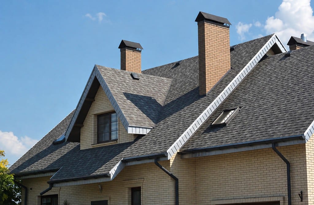 Finished multi-gable shingle roof with skylight and brick chimneys